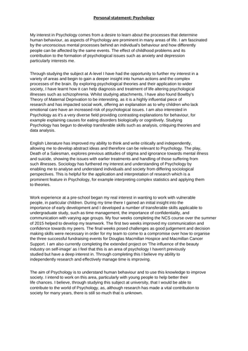 UCAS personal statement for BSc Psychology