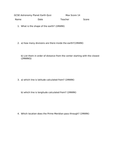 GCSE Astronomy Planet earth topic test