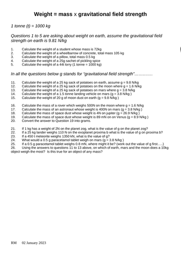 GCSE Physics Mass and Weight calculations