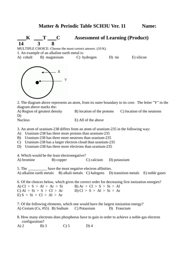 CHEMISTRY PERIODIC TABLE QUIZ Periodic Table Chemistry Quiz WITH ANSWERS  #11 | Teaching Resources