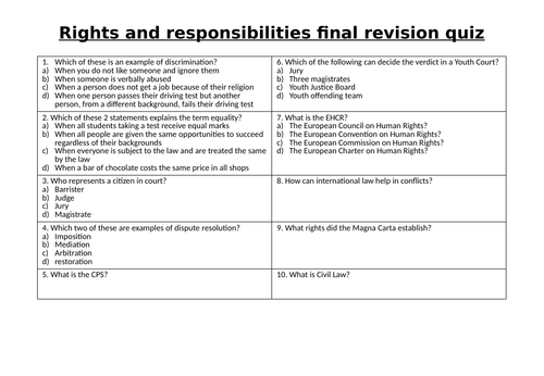 GCSE Citizenship recall quiz- Rights and Responsibilities