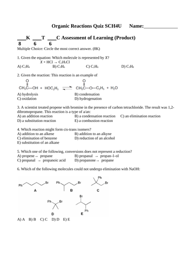 Organic Reactions Quiz Organic Assessment Organic Chemistry Quiz With Answers 9 Teaching 3500