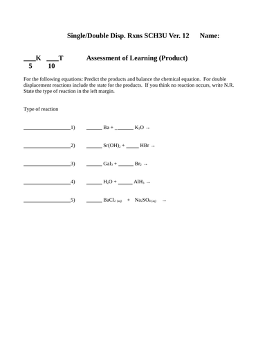 DOUBLE DISPLACEMENT SINGLE DISPLACEMENT QUIZ Grade 11 Chemistry WITH ANSWERS #12