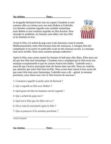 French Past Tense Reading: Au cinéma | l'imparfait / passé composé Lecture