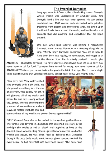 KS2 KS3 SATS Reading comprehension Greek Myths The Sword of Damocles for Literacy PSHE Citizenship