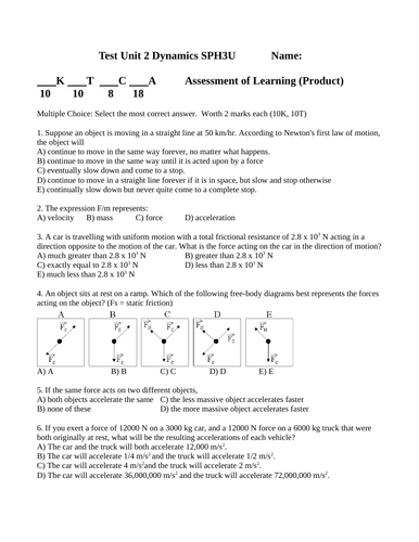 Test FORCES PHYSICS TEST Grade 11 Physics Dynamics Unit Test WITH ANSWERS #12