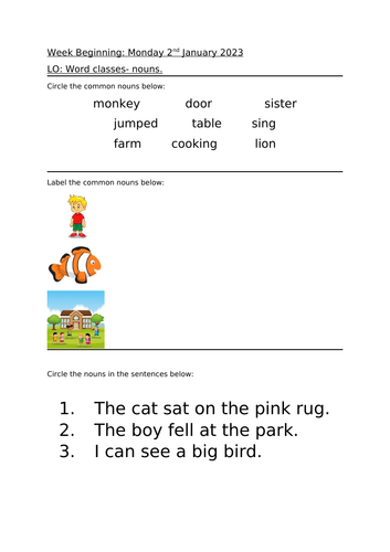 Introduction to nouns worksheet