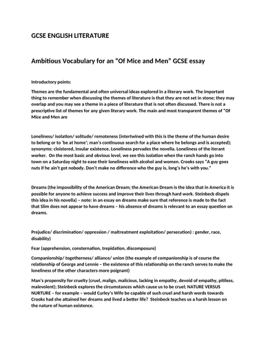 A* vocabulary and analysis of "Of Mice and Men" GCSE ENGLISH LITERATURE GCSE