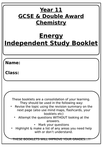 GCSE Chemistry Independent Study Booklet Energy