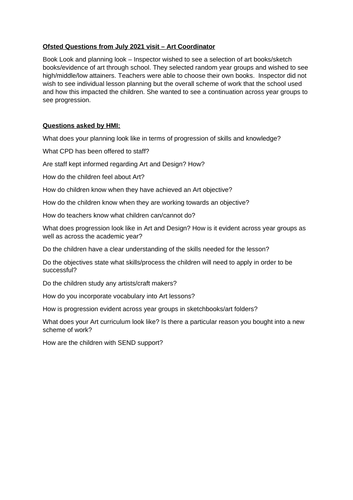 PRIMARY OFSTED VISIT ART COORDINATOR QUESTIONS BY HMI