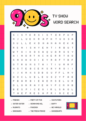 1990s TV Show Word Search Activity Sheet and Answers. 90s / Nineties
