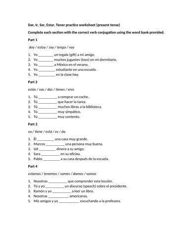 Dar ir ser estar tener practice worksheet