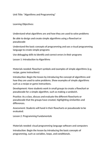 Short "Algorithms and Programming" Computing Unit KS2