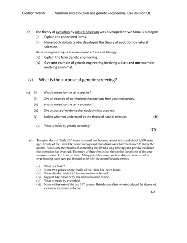 Revision Sheet - Variation and evolution and genetic engineering, Cell division OL