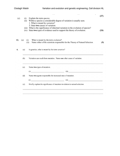 Revison Sheet - Variation and evolution and genetic engineering, Cell division HL