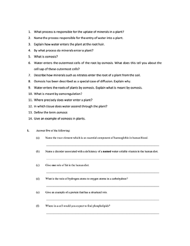 Revision sheet -Diffusion and osmosis, Food, characteristics of life HL