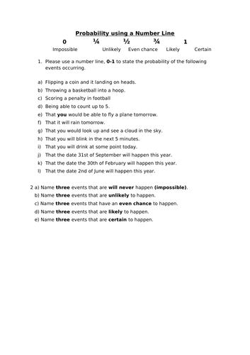 Probability Worksheet - Using a Number Line 0-1 | Teaching Resources