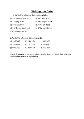 Numeracy - Writing the Date