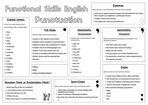 Functional Skills English Punctuation Worksheet A3 - Questions - Full stops, Commas, Colons....