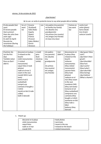 Que hiciste - Past holiday activities worksheet