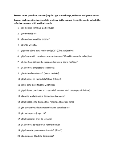 Present tense questions practice (various verb types)