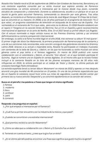 La influencia de los ídolos - Rosalía - synonyms and comprehension exam ...