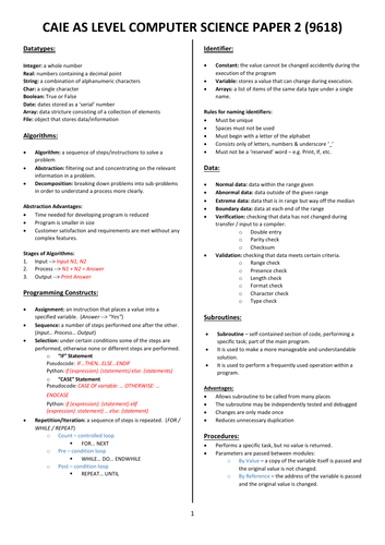 Computer Science Paper 2 Summary | Teaching Resources
