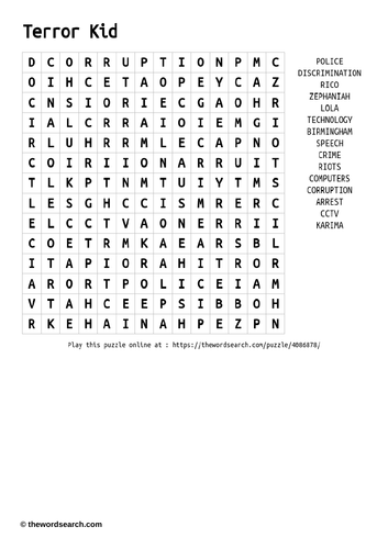 Terror Kid wordsearch KS3 Zephaniah