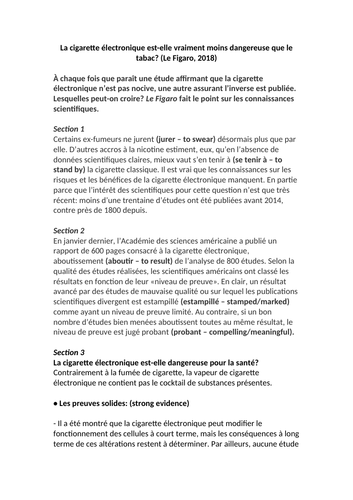 La tabagisme et le vapotage - Reading