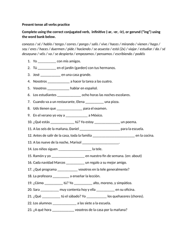 Present tense all verbs fill in practice