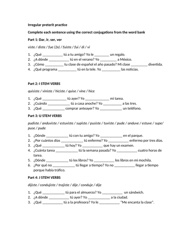 Irregular preterit fill in and conjugation practice