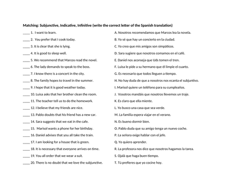 Subjunctive indicative infinitive matching translation practice