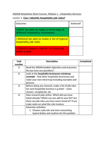 ASDAN Hospitality Short Course - Module 1