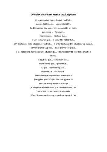 A Level French Complex Phrases for Speaking