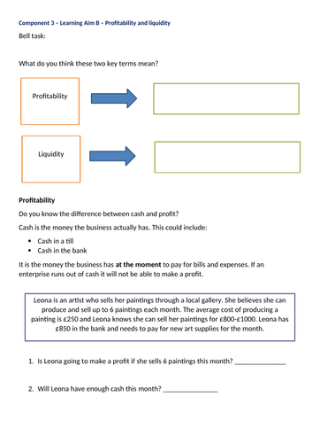 BTEC TECH Enterprise Component 3 Profitability and liquidity