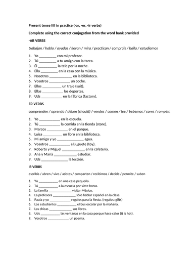 Present tense fill in practice (-ar, -er, -ir verbs)