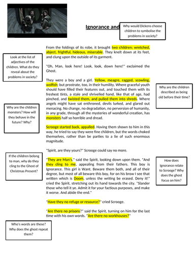 Ignorance and want in A Christmas carol by Charles Dickens sheet