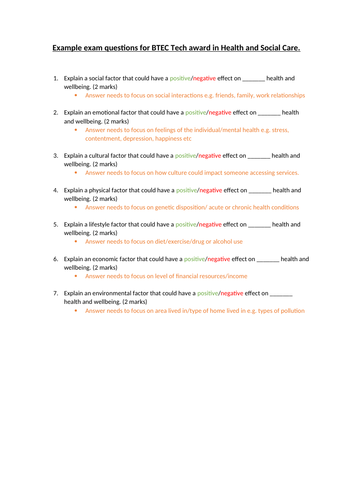 Exam questions BTEC Tech Health and Social