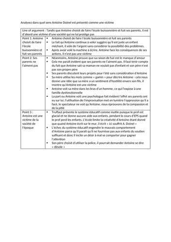 A Level French Les 400 Coups Essay Plans