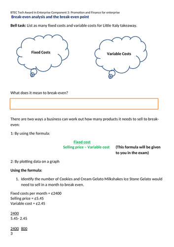 BTEC TECH Enterprise Component 3 Break even