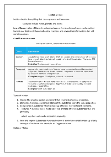 Matter Unit- MYP- year 9