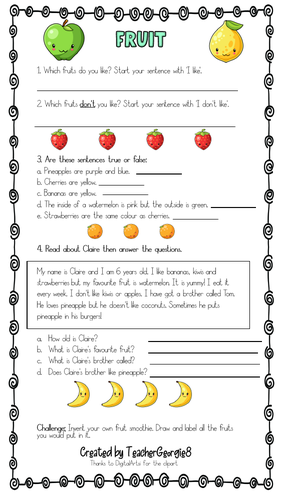 ESL EAL EFL Fruit worksheet