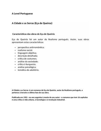 A Cidade e as Serras : A LEVEL PORTUGUESE REVISION SHEET