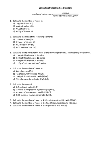 Chemistry Calculating Moles Worksheet