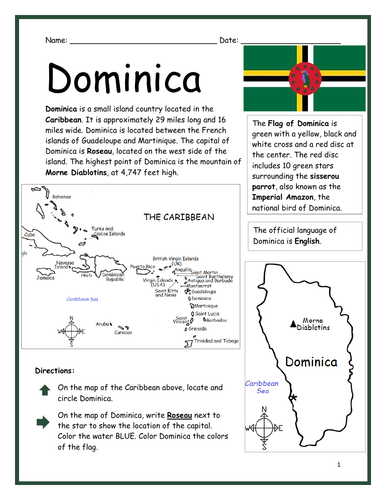 Dominica Printable Worksheet with map and flag