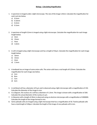 Biology Calculating Magnification Worksheet