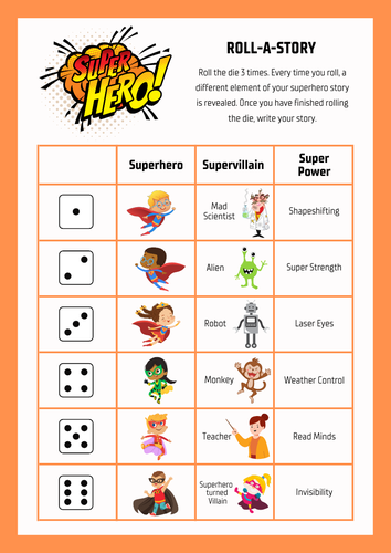 Superhero / Supervillain Roll-A-Story Creative Writing English Story Writing