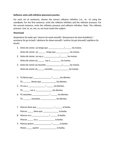 Reflexive verbs with infinitive placement practice worksheet