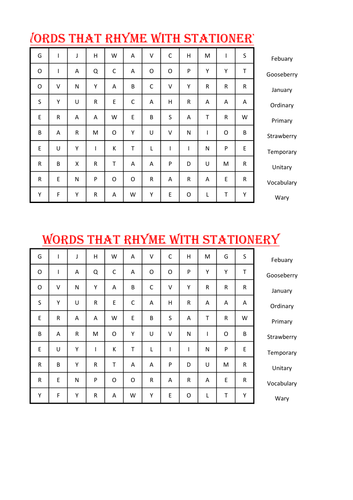 A Word Search of words rhyme with Stationery Practice 2