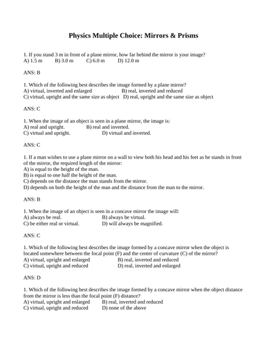 Concave, Convex and Plane MIRRORS Multiple Choice Grade 10 Science WITH ANSWERS (11PGS)